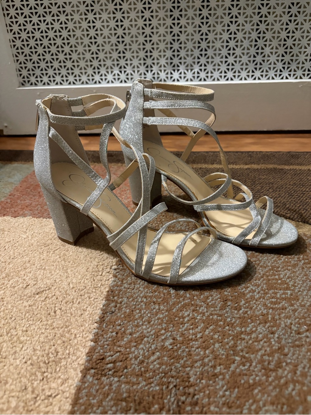 Jessica Simpson Silver Glitter Strappy Block Heel Sandals